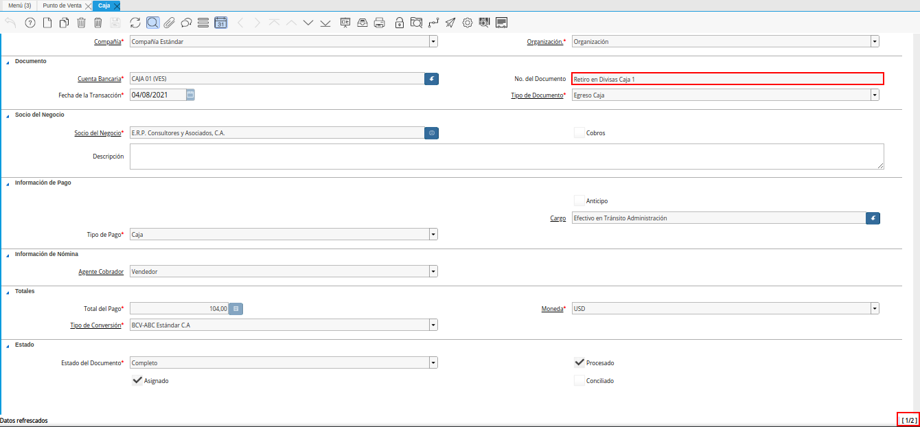 Documento de Pago Generado en Caja