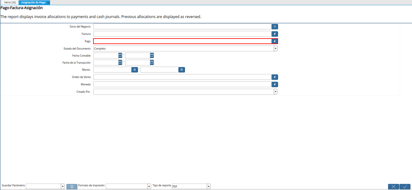 campo pago del reporte asignación de pago