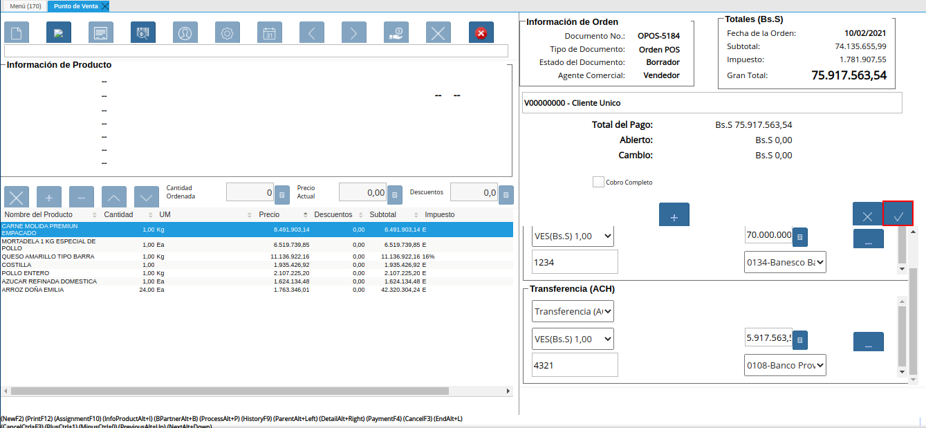 Opción OK del Pago Especial del Icono Pago de la Ventana Punto de Venta