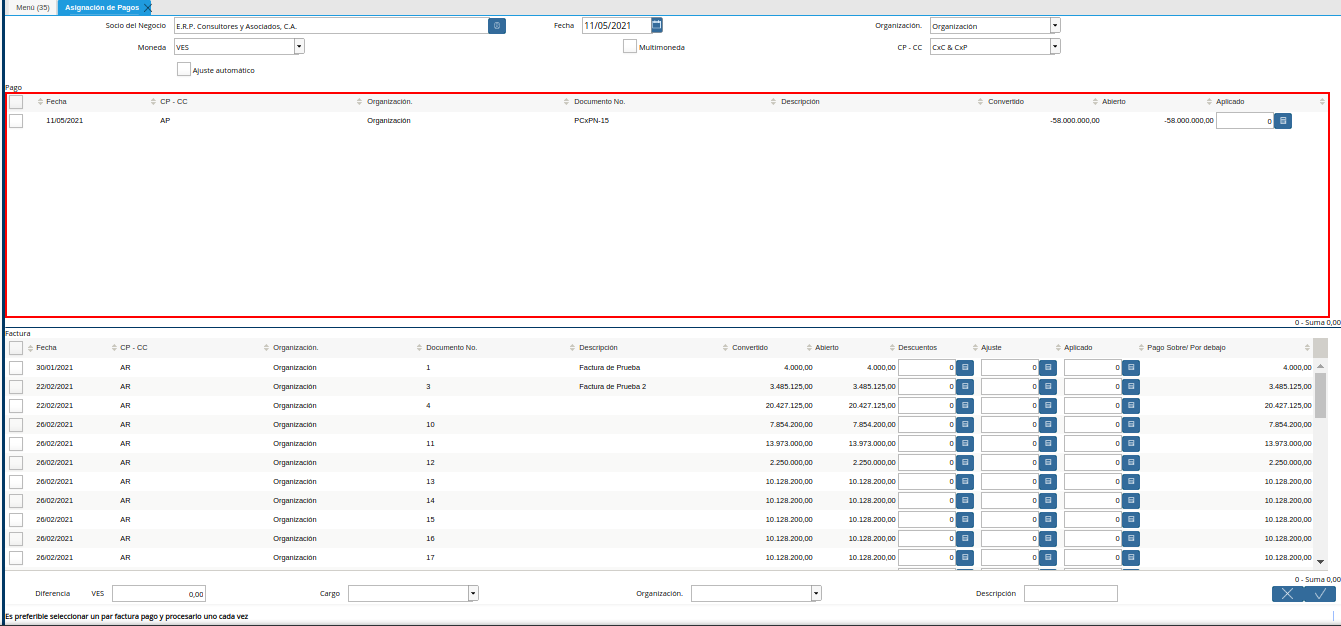 panel pago de la ventana asignación de pagos