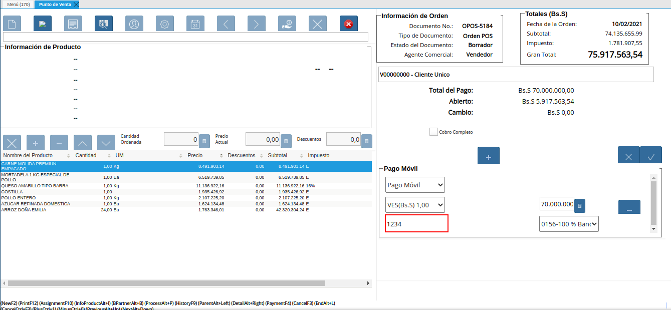 campo número de referencia del pago