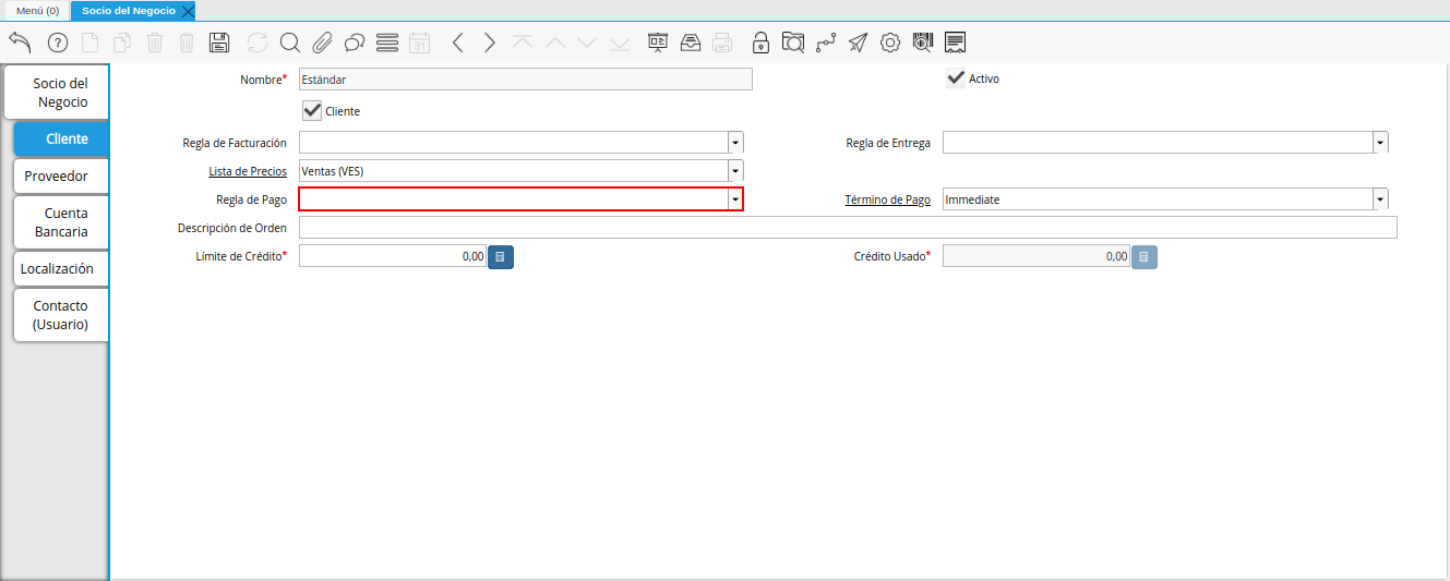 Campo Regla de Pago de la Pestaña Cliente