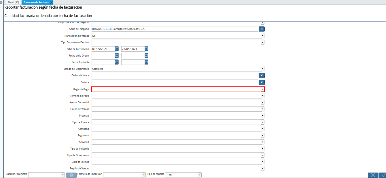 campo regla de pago del reporte resumen de facturas