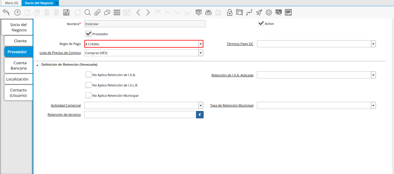 Campo Regla de Pago de la Pestaña Proveedor de la Ventana Socio del Negocio