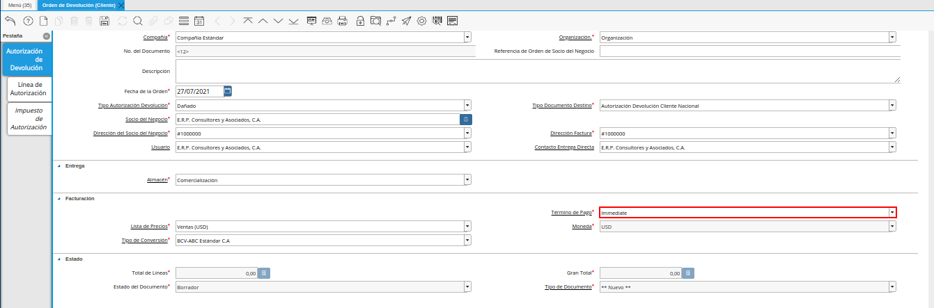 campo término de pago de la ventana orden de devolución cliente