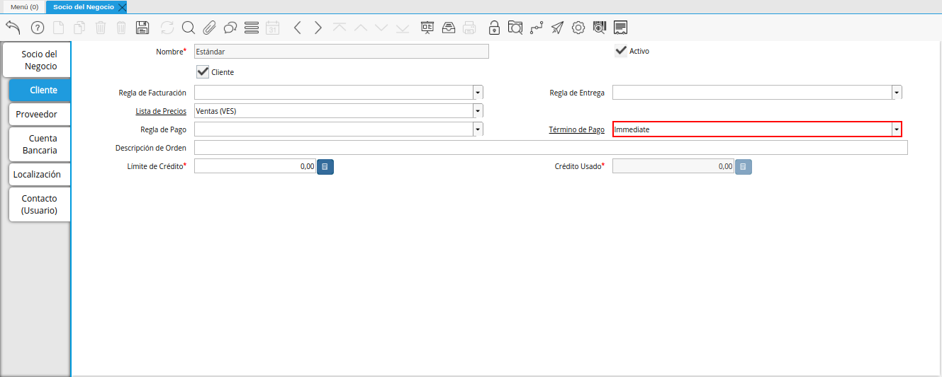 Campo Término de Pago de la Pestaña Cliente