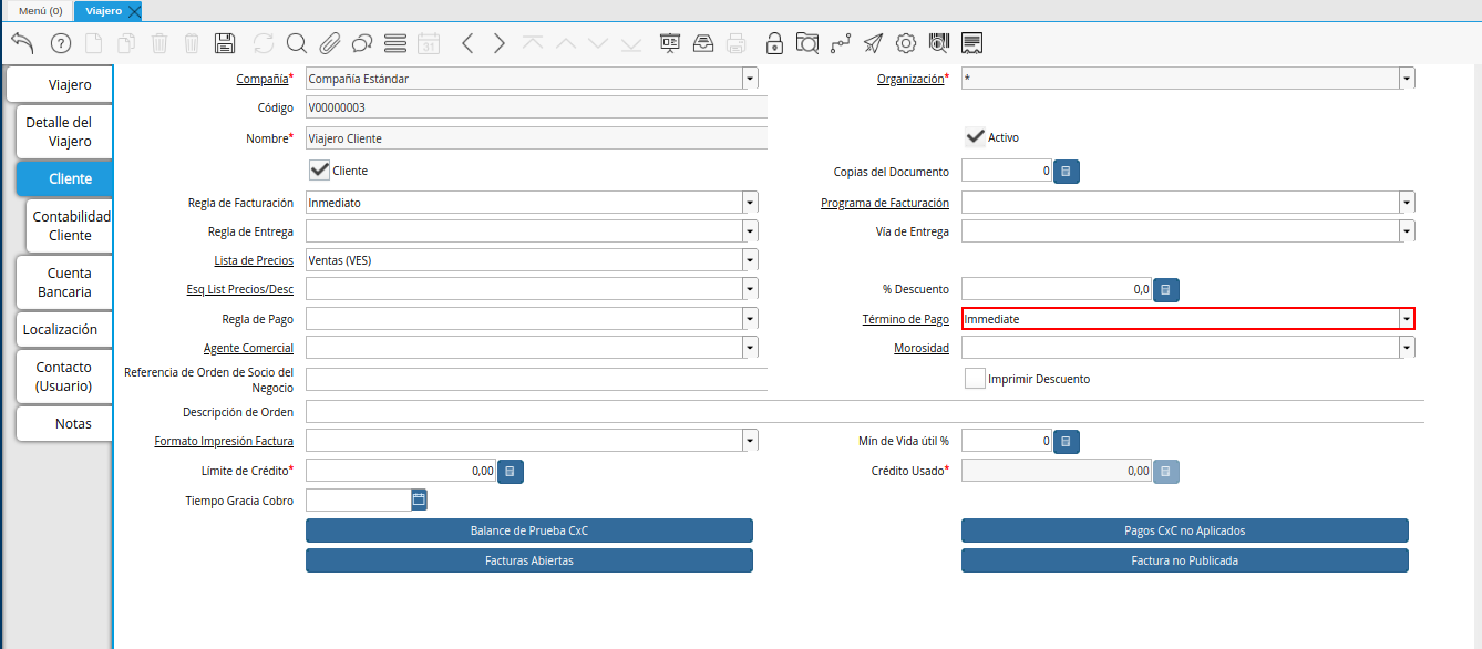 campo término de pago de la pestaña cliente