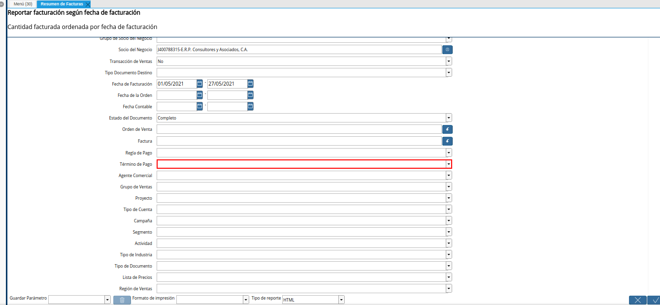 campo término de pago del reporte resumen de facturas