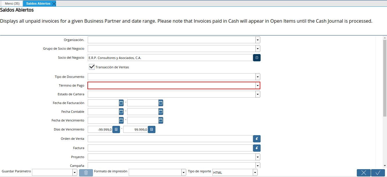campo término de pago del reporte de saldos abiertos