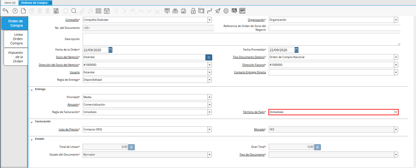 campo término de pago de la ventana órdenes de compra