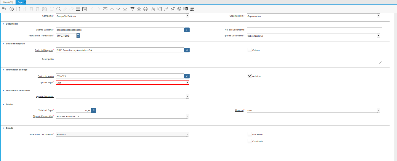 campo tipo de pago de la ventana caja