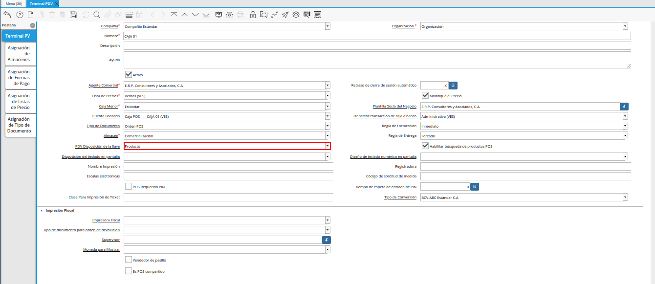 Campo PDV Disposición de la Llave de la Ventana Terminal PDV