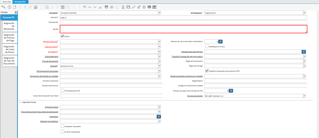 campo ayuda de la ventana terminal pdv