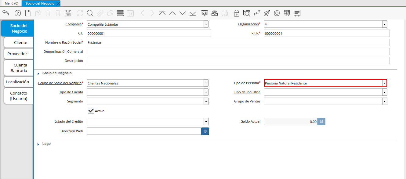 Campo Tipo de Persona de la Pestaña Principal Socio del Negocio