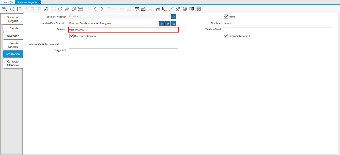 Campo Teléfono de la Pestaña Localización del Registro Proveedor