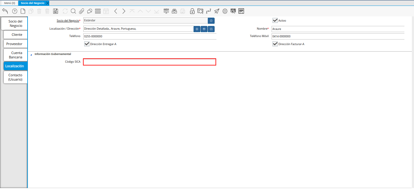 Campo Código SICA de la Pestaña Localización del Registro Cliente