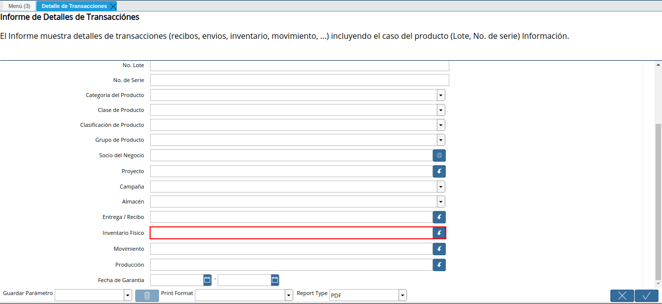 campo inventario físico de la ventana detalle de transacciones
