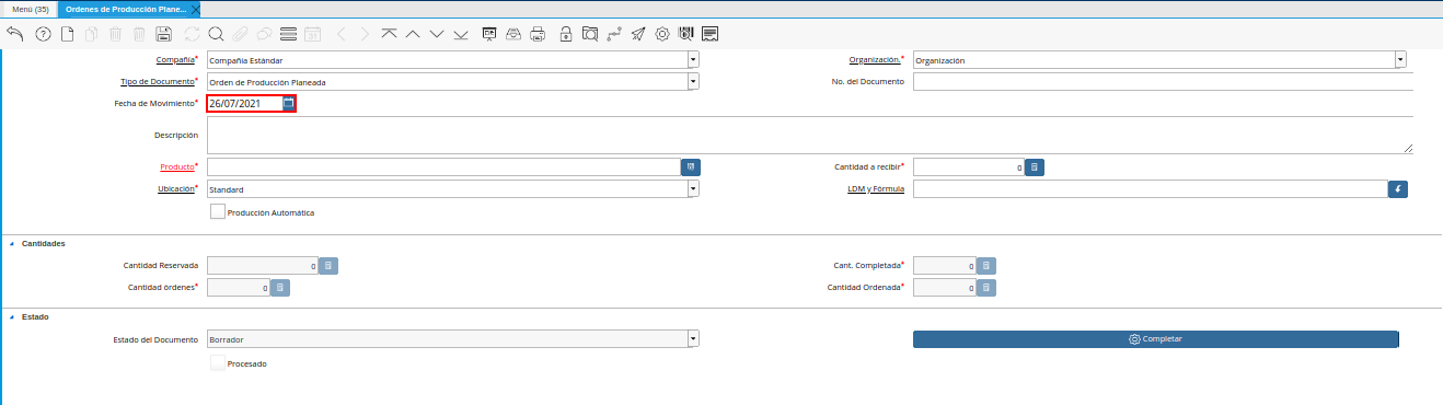 Campo Fecha de Movimiento de la Ventana Órdenes de Producción Planeadas