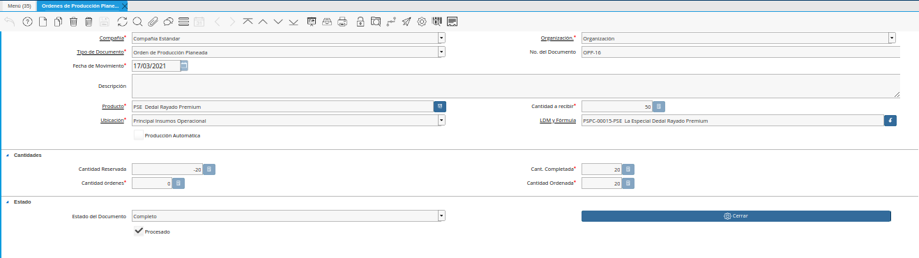 Ventana Órdenes de Producción Planeadas