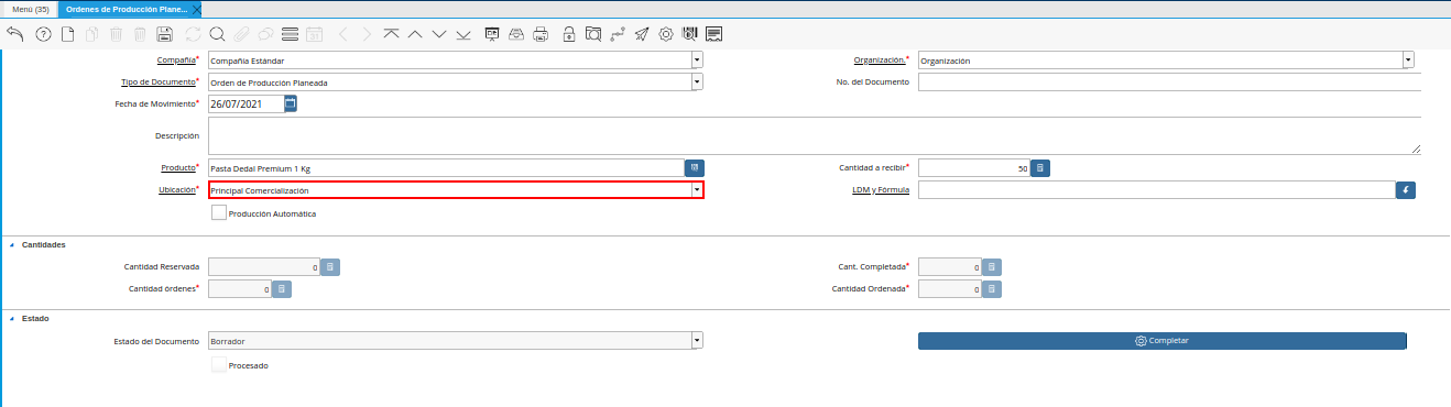 Campo Ubicación de la Ventana Órdenes de Producción Planeadas