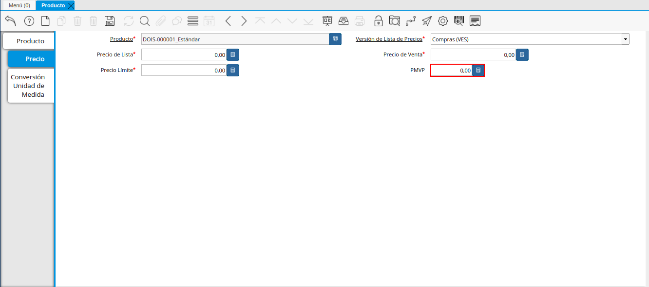 Campo PMVP de la Pestaña Precio de la Ventana Producto