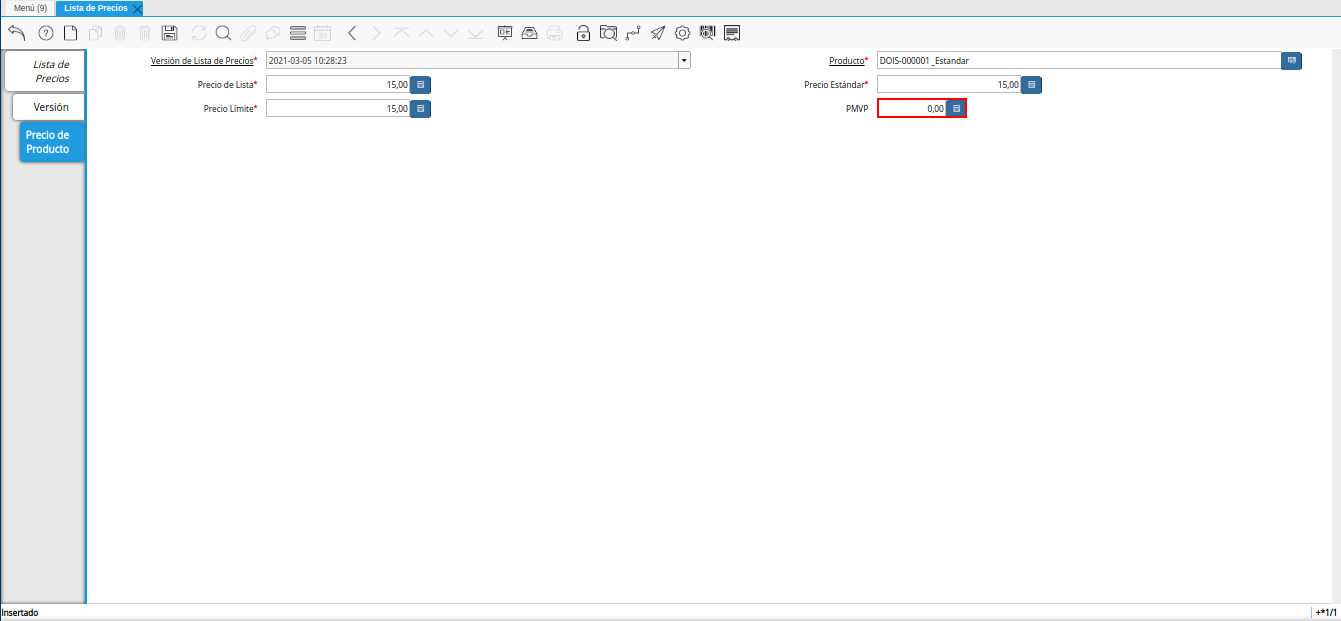 campo pmvp de la pestaña precio de producto