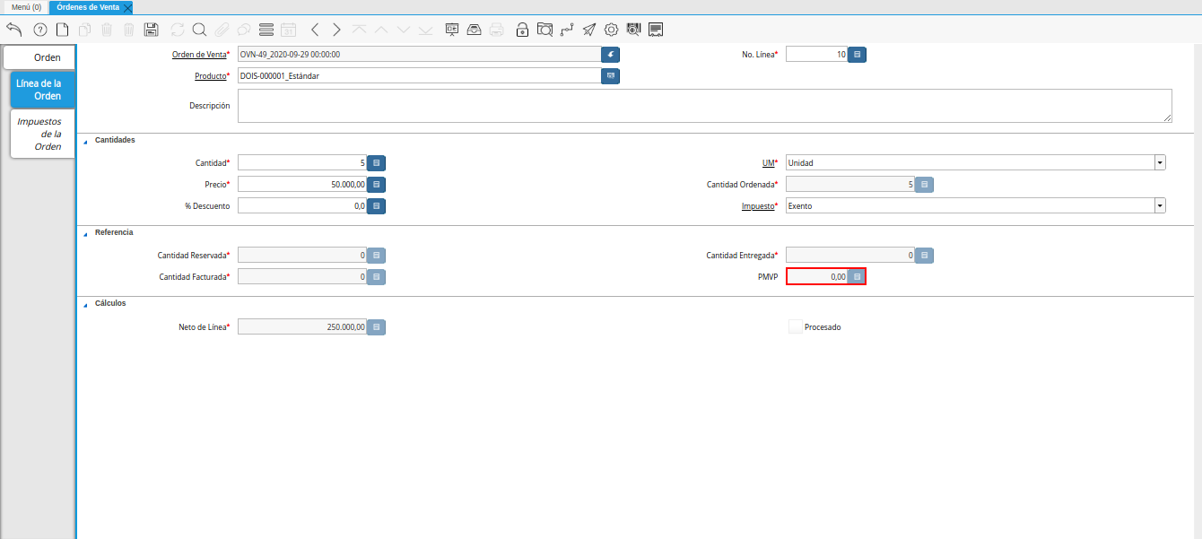 campo pmvp de la ventana órdenes de venta