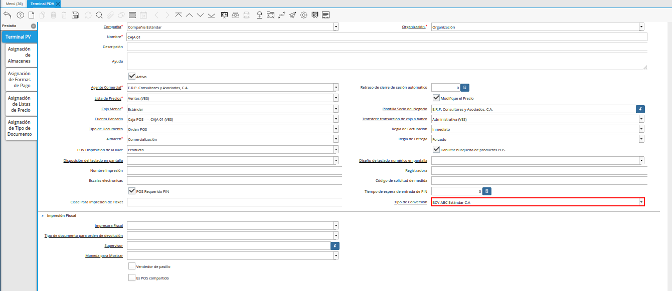 Campo Tipo de Conversión de la Ventana Terminal PDV