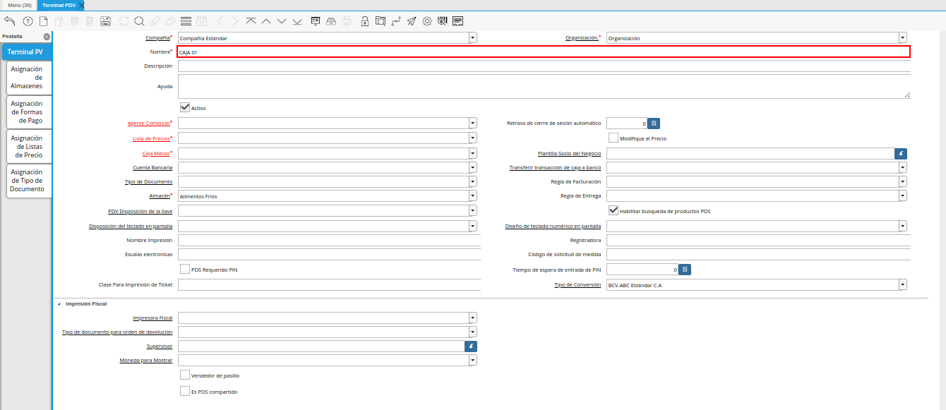 Campo Nombre de la Ventana Terminal PDV