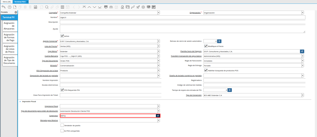 Campo Supervisor de la Ventana Terminal PDV