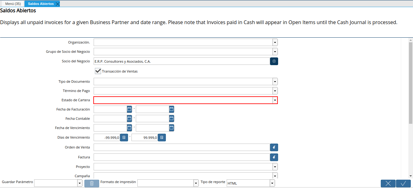 campo estado de cartera del reporte de saldos abiertos