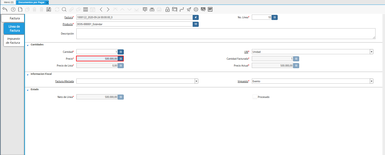campo precio de la pestaña linea de factura débito