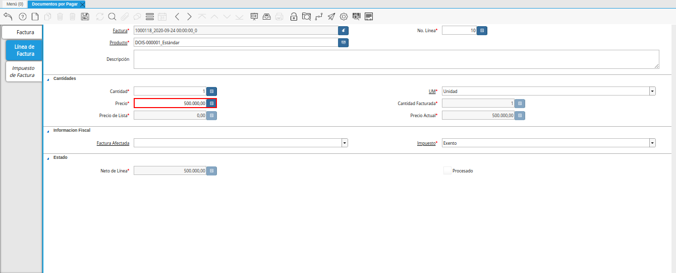 campo precio de la pestaña linea de factura