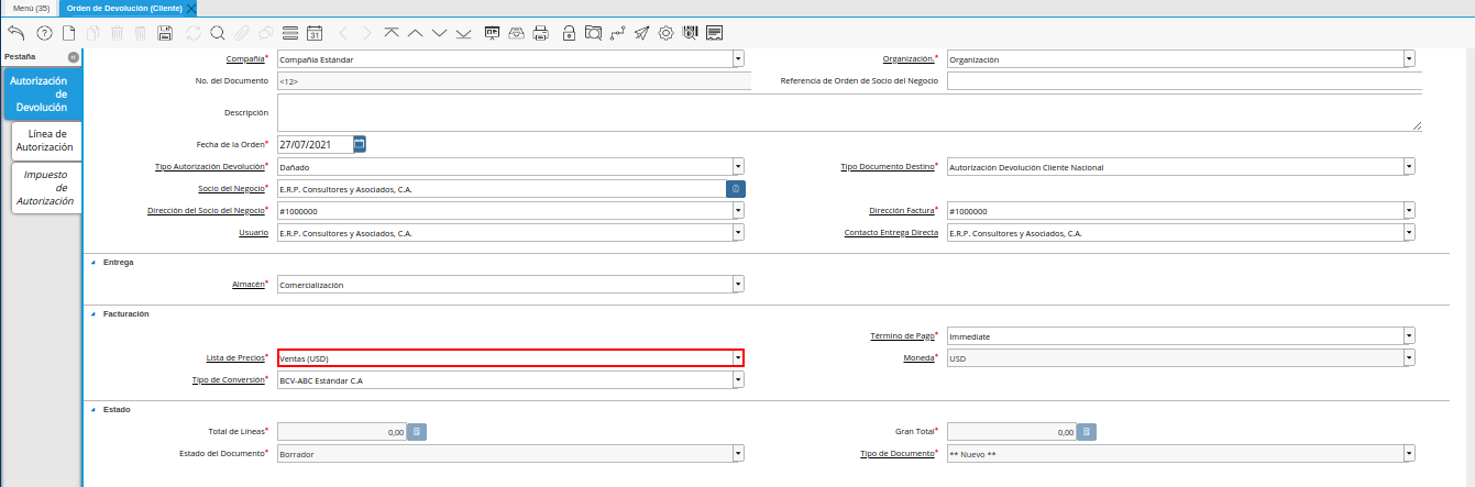 campo lista de precios de la ventana orden de devolución cliente