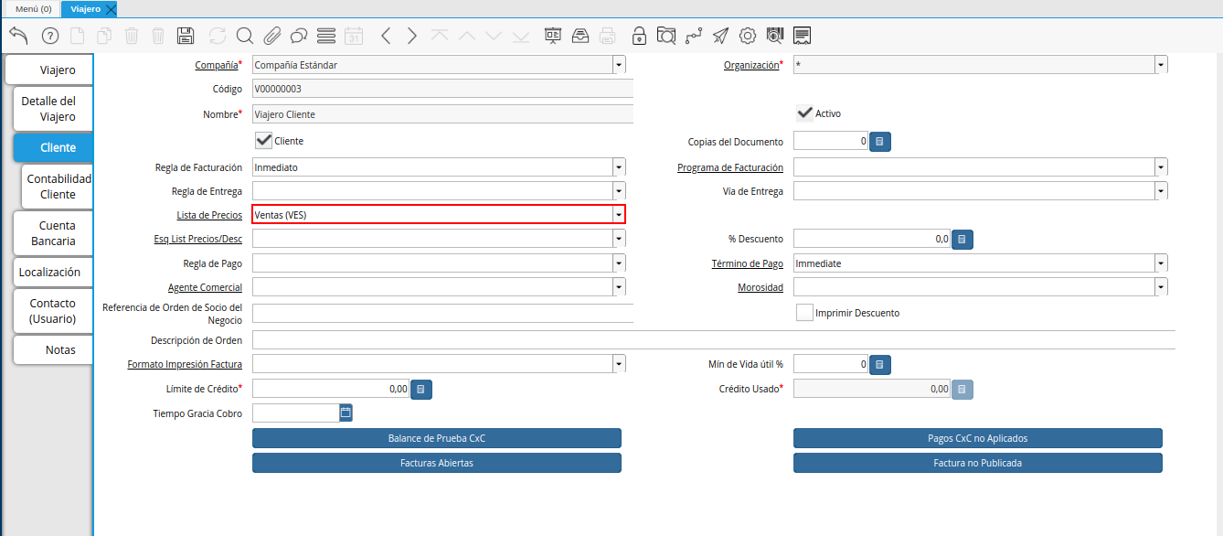 campo lista de precios de la pestaña cliente