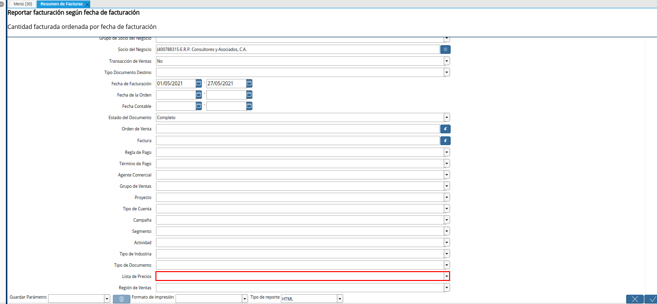 campo lista de precios del reporte resumen de facturas