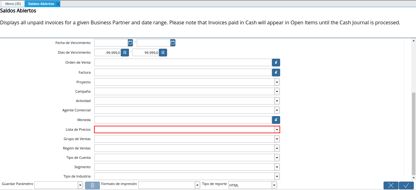 campo lista de precios del reporte de saldos abiertos