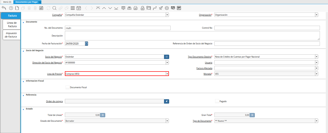 campo lista de precios de la ventana documentos por pagar
