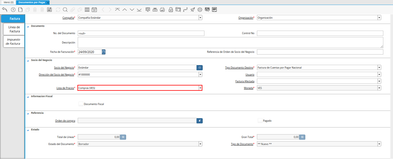 campo lista de precios de la ventana documentos por pagar