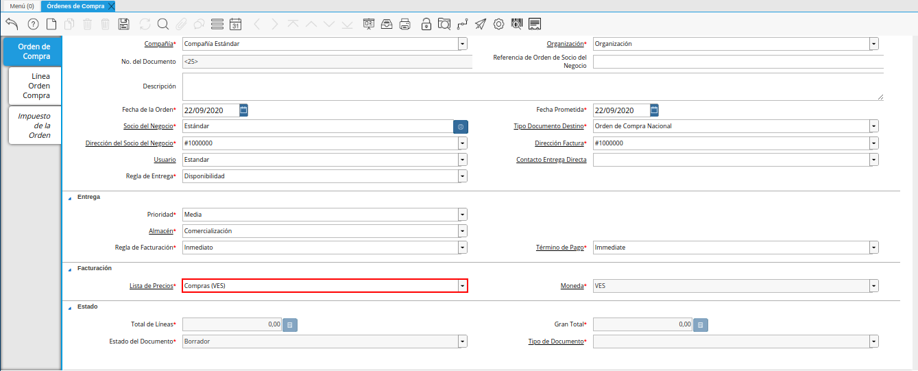 campo lista de precios de la ventana órdenes de compra