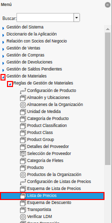 menú de lista de precios