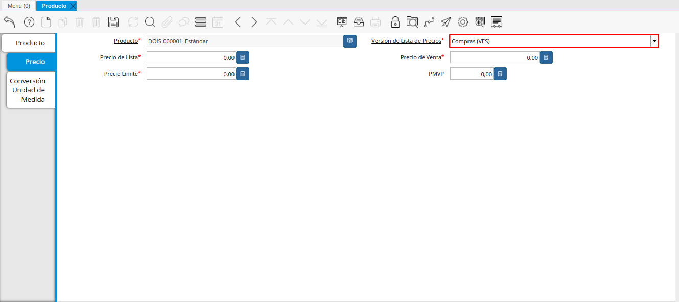 Campo Versión de Lista de Precios de la Pestaña Precio de la Ventana Producto