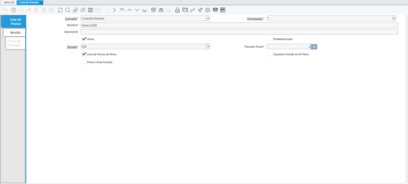 ventana lista de precios