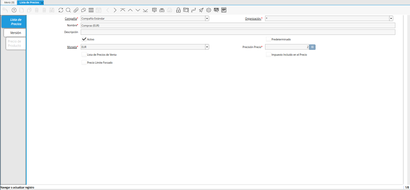 ventana lista de precios