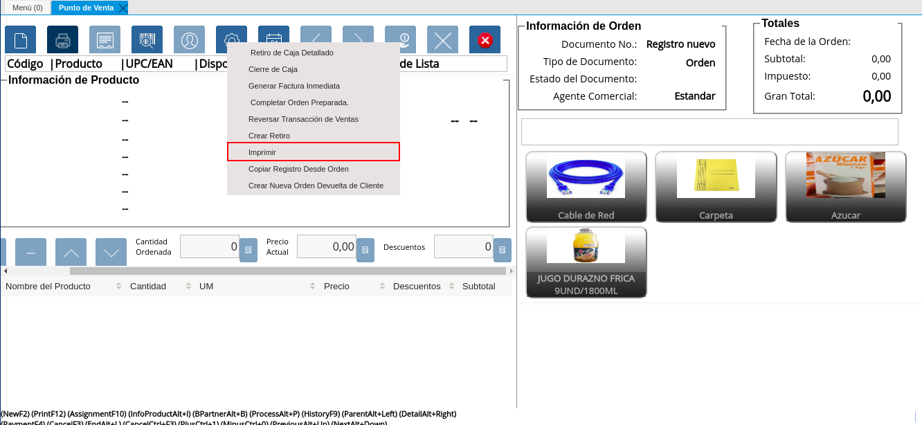 Opción Imprimir del Icono Proceso de la Barra de Herramientas del Punto de Venta