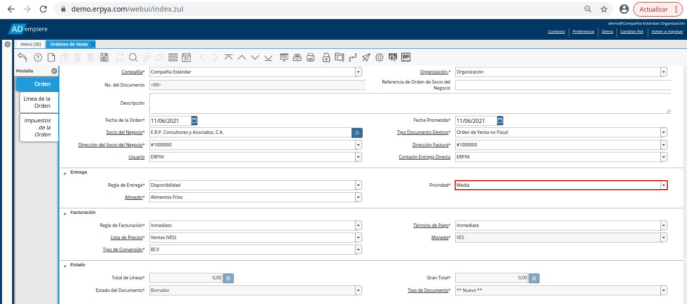 campo prioridad de la orden de venta no fiscal
