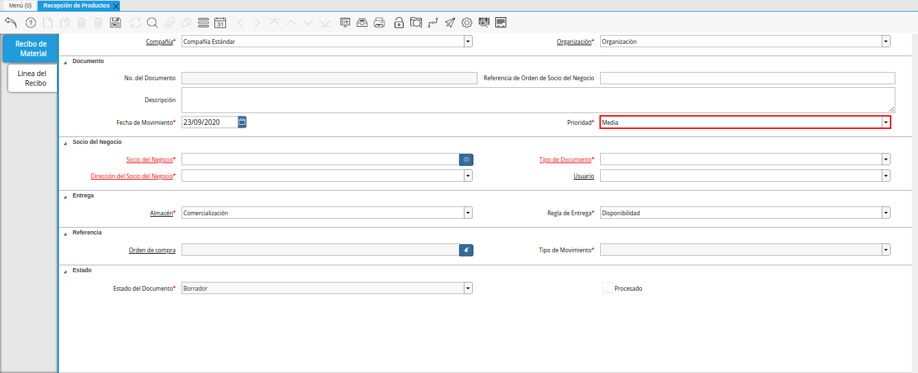 campo prioridad de la ventana recepción de productos