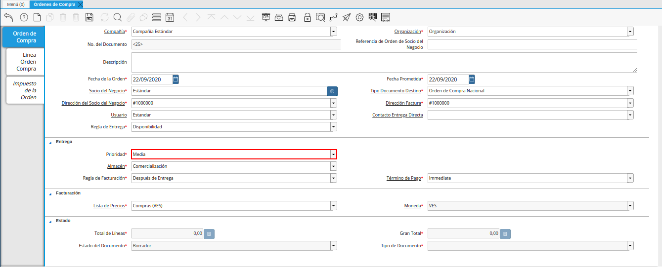 campo prioridad de la ventana órdenes de compra