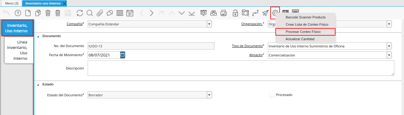 icono proceso en la pestaña principal inventario uso interno