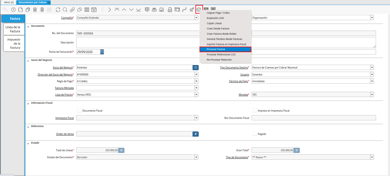 opción procesar factura del icono proceso